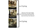- Crying ORD RINGS T-- LLOW Or T KING "Did you know that Viggo Mortensen actually breaks his toe right here when he kicks the Uruk-Hai helmet?" ORD RINGS RETW O TOWLKS & TAYIOUSNEY CONTNUIY - Crying - ORD RINGS TRERITUMN0 TE NG THe Jou tans