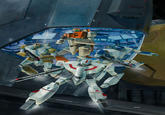 Artist's commentary

Robotech: Protecting the SDF-1
This was executed as a commission from Harmony Gold to be used as a book cover for officially licensed Robotech merchandise. The final art is a 20x30 gouache painting on illustration board.