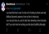 MisterMolecule @MisterMolecule · 19 Std. Antwort an @_jadeisabelle I can teach kids how to read. I've had a lot of training in phonics and early childhood phonemic awareness from my time in Americorps. I can cook and clean, too, and do other basic elementary school education stuff. If you dont mind me teaching your kids about Buddhist philosophy