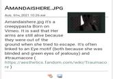 AMANDAISHERE.JPG AUG. 6TH, 2021 10:26 AM Amandaishere.jpg it's a creepypasta Born on Vimeo. It is said that Her arms are still alive because they were out of the ground when she tried to escape. It's often linked to an Eye motif (both because she was blinded and green eyes of jealousy) and #traumacore ( https://aesthetics.fandom.com/wiki/Traumaco re)