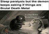 Sleep Paralysis But The Demon Keeps Asking If Things Are brutal death metal Sleep paralysis but the demon keeps asking if things are Brutal Death Metal is Limp Bizkit Brutal Death Metal? Insérume nks of Shitpost