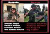 Gangster Moron SPS -Dresses Scummy -Dressed Proper -Polite to Women -Rude to Women -No Respect -Will actually kill you -Big Talker -Loves His Mother VIA 9GAG.COM