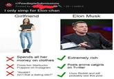 Elon-Chan r/PewdiepieSubmissions Posted by u • 2h • i.redd.it I only simp for Elon-chan Girlfriend Elon Musk Spends all her money on clothes Extremely rich Posts anime catgirls on Twitter Posts her Starbucks Frappes on Instagram "Reddit? Isn't that a dating site?" Uses Reddit and will probably see this post