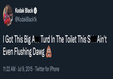 Kodak Black @KodakBlack1k I Got This Big A. Turd In The Toilet This S Ain't Even Flushing Dawg 11:22 AM · Jul9, 2015 · Twitter for iPhone