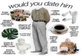 would you date hin loves surfing makes you playlists andeur Ueit loves coffee always саmes a disposable camera dreams of moving to California loves to dance but doesn't dancę good sushimess made this makes lots of dad jokes loves to listen to indie music plans picnic 'dates loves going to museums