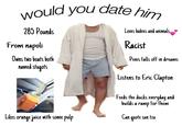 would you date hin 285 Pounds Loves babies and animals From napoli Racist Owns two boats both Penis falls off in dreams NAmed stupots Listens to Eric Clapton Feeds the ducks everyday and builds a ramp for fhem Likes orange juice with some pulp Can quote sun tzu