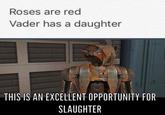 Roses are red Vader has a daughter THIS IS AN EXCELLENT OPPORTUNITY FOR SLAUGHTER