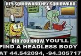 HEY SQUIDWARD HEY SQUIDWARD GALLE G ORDER HERE DID YOU KNOWYOU'LL FIND A HEADLESS BODY AT 44.542094, -94.305717