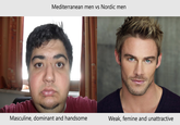 Mediterranean men vs Nordic men Masculine, dominant and handsome Weak, femine and unattractive