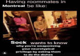 roommates in Montreal Having roommates in Montreal be like: Sock wants to know why you're weaponizing your neurotypical privilege by asking them to do the dishes @bookamemS