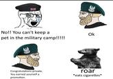No!! You can't keep a Ok pet in the military camp!!!!! Congratulations private, You earned yourself a roar *eats cigarettes* promotion. AK