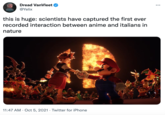 Dread VanVleet ... @Yelix this is huge: scientists have captured the first ever recorded interaction between anime and italians in nature 11:47 AM · Oct 5, 2021 · Twitter for iPhone