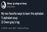 Silkawa college arc (busy) @earoikawa My two favorite ways to learn the alphabet: 1) alphabet soup 2) Owen gray's leg 11:08 PM · Apr 8, 2021 · Twitter for iPhone