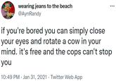 wearing jeans to the beach @AynRandy if you're bored you can simply close your eyes and rotate a cow in your mind. it's free and the cops can't stop you 10:49 PM · Jan 31, 2021 · Twitter Web App