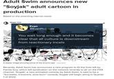 Adult Swinm announces new "Soyjak" adult cartoon in production Based on the polarizing internet meme Megan Vick Oct 9, 2024 6:53 a.m. PT Evan ... @EvanPlatinum You wait long enough and it becomes clear that all culture is downstream from reactionary incels A teaser image showing some of the show's cast Adult Swim Recently, Adult Swim has announced a new program to fill the hole left by Family Guy, which left syndication on the network recently to air on the FXX channel. 'Soyjak', a new animated comedy by Adult Swim, is said to be a "Surrealist, irreverent, slow-burn" comedy. Soyjak will begin airing in Quarter 1 of 2022.