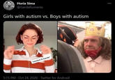 Horia Sima @GardaRumania 000 Girls with autism vs. Boys with autism 'excited lil hands 5:15 PM - Oct 24, 2020 - Twitter for Android