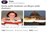 Nugs @Titsandnuggies Girls with Autism vs Boys with Autism "excited lit hands* TRUMH -2020- PAMERICA CEET 8:26 AM 07 Jan 21 · Twitter for iPhone 140 Retweets 1 Quote Tweet 890 Likes