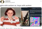 switchle @switch1e_swoof girls with autism vs. boys with autism shadowbanned temp. Dr. Khalid PhD @TenBillioniQ (New Account Re here :) Nice Photoshop FBI, but the nois forehead are not consistent with skin of the arm (both of which ar smoothness). A warning to everyone else FBI a are real and they do try to entrap quota. twitter.com/Serotoninlsa *excited lil hands 8:57 PM · Mar 9, 2021 · Twitter Web App