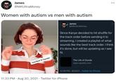 James ... @MKUltraMoney Women with autism vs men with autism James @MKUltraMoney Since Kanye decided to hit shuffle for the track order before sending it to streaming, I created a playlist of what sounds like the best track order. I think it's done, but will be updating as I see fit. The Life of Donda "excited lil hands open.spotify.com 12:36 PM · 8/30/21 · Twitter for iPhone 11:33 PM · Aug 30, 2021 · Twitter for iPhone