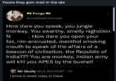 Yoooo they goin mad in the qts Pongo @mellOwbr1ckroad How dare you speak, you jungle monkey. You swarthy, smelly nighstkin . How dare you open your fat, rim-encrusted, menthol smoking mouth to speak of the affairs of a beacon of civlization, the Republic of India??? You are monkey, Indian army N. will k1ll you APES by the bushel! Mr Skully @LILAVYVERT · 7h I know it smell crazy in there