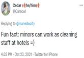 Cedar he/himst @Caracwl Replying to @manedwolfy Fun fact: minors can work as cleaning staff at hotels =) 4:33 PM - Oct 23, 2021 - Twitter for iPhone