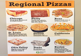 Regional Pizzas Chicago Philly Reno Topped with mix of 19 secret sauces Deep dish smothered in mafia bribes Thick and square, just like the people who live there St. Louis Detroit California Terrible crust covered with shame. Awful, but locals pretend to like it. American tire covered in cheese On fire. Ohio Valley Texas Boston Square crust topped with the tears of whoever made it A plate of tacos. They followed the wrong recipe and are too stubborn to admit it's not pizza. An old boot covered in ants obvious plant