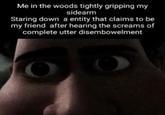 Me in the woods tightly gripping my sidearm Staring down a entity that claims to be my friend after hearing the screams of complete utter disembowelment