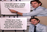 Liberals aren't really mad that you chant "Let's Go Brandon". They are mad because you are having fun when they spent 4 years being constantly angry and joyless. ngtin