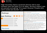 Vara Dark @Vara_Dark High Guardian Spice received almost 100 5 star reviews over the past 2 or so days. All the 5 stars I see are people just going "It's super diverse! People who call it woke are dumb!" Lol Ratings ut of 12 people found this review helpful: *** i don't get the hate ragret on Nov 6, 2021 - See all reviews by ragret just a fun show man, doesn't matter if it's on an "anime" pbsite. let them branch out if they wanna. like tell me you're whiny a------ that hates stuff for no reason without telling you're a whiny a------ that hates stuff for no reason. get er yourself. "it's an anime website!" yea so go watch one the animes then. not like they're replacing all the animes th this show lol age Rating : *★★☆ (135) (15) (7) (16) (308) out of 17 people found this review helpful: **** Adorale and So Much Funt ysmiletime108 on Nov 5, 2021 - See all reviews by smiletime108 you're like me and you hate people who gatekeep genres, ogwhistle things that are too "woke" for them, and just enerally pedal gross hateful rhetoric, you may also have just ughed reading all those 1-star reviews like I did. his show was an absolute delight from start to finish, and it as tons of queer representation, which is both fun and warding. It feels like a kid's show, and is . Reviews ead more 2:43 PM · Nov 8, 2021 · Twitter for iPhone