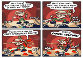 HOT DOGS? BUT THEY'RE MADE OUT OF PIGS, NOT DOGS! Hey! You CAN'T BOO me! I HAVE A RIGHT TO FREE SPEECH! Boo0o! Boo! OFF Booa THE STAGE! But a Jape NOT FUNNY Booo! You'RE VIOLATING MY FIRST AMENDMENT RIGHTS! THIS IS CANCEL CULTURE! GET THE HOOk. Book Woo! YEAH! Woo! | butaijape.com