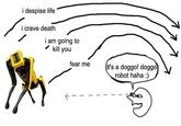 i despise life i crave death i am going to kill you fear me (it's a doggo! doggo robot haha :) Vertebrate Product Black Human body Organism Mammal Gesture Font Slope