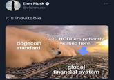 Elon Musk O @elonmusk It's inevitable 0.70 HODLers patiently waiting here. dogecoin standard globa financlal system imglip.com