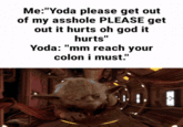 Me:"Yoda please get out of my a------ PLEASE get out it hurts oh god it hurts" Yoda: "mm reach your colon i must."
