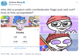 Andrew Wang ... @andrwwang why did a project with confederate flags just sell out? how is this acceptable? com Flurks 5.0K 1.5K items owners +0.06 +86.5 foor price volume traded pial StoneToss NFT: http://FlurksNFT.com Join our telegr http://tme/Flurks 10:21 PM - Nov 20, 2021 - Twitter for iPhone