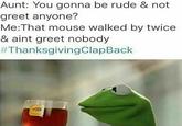 Blame the Mouse Aunt: You gonna be rude & not greet anyone? Me:That mouse walked by twice & aint greet nobody #3ThanksgivingClapBack
