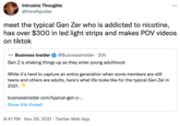 Intrusive Thoughts @literallyjudas ... meet the typical Gen Zer who is addicted to nicotine, has over $300 in led light strips and makes POV videos on tiktok Business Insider @Businesslnsider · 20h INESS Gen Z is shaking things up as they enter young adulthood. While it's hard to capture an entire generation when some members are still teens and others are adults, here's what life looks like for the typical Gen Zer in 2021. businessinsider.com/typical-gen-z-. Show this thread 8:41 PM · Nov 29, 2021 · Twitter Web App