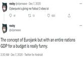 The concept of Eurojank but with an entire nations GDP for a budget is really funny. rocky @viperwave · Dec 7, 2020 Cyberpunk is giving me Fallout 3 vibes lol ... 41 27 13 620 rocky @viperwave ... The concept of Eurojank but with an entire nations GDP for a budget is really funny. 2:20 AM - Dec 7, 2020 · Twitter for Android