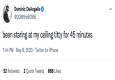 Dominic DeAngelis ... @DOMtheBOMB been staring at my ceiling t---- for 45 minutes 7:44 PM · May 8, 2020 · Twitter for iPhone 52 Retweets 2 Quote Tweets 888 Likes