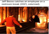 Jeff Bezos catches an employee on a restroom break (2021, colorized).