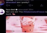 nuntei ustsmuded @tacobell am I pretty? 271 ♡ Taco Bell O @tacobell 20m Not one bit! The #WatermelonFreeze is back.