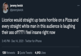 jeremy levick @jeremylevick ... Licorice would straight up taste horrible on a Pizza and every straight white man in this audience is laughing their ass off??? I feel insane right now 3:45 PM · Dec 14, 2021 · Twitter for iPhone 128 Retweets 2 Quote Tweets 4,913 Likes