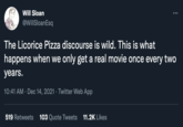 Will Sloan @WillSloanEsq The Licorice Pizza discourse is wild. This is what happens when we only get a real movie once every two years. 10:41 AM · Dec 14, 2021 · Twitter Web App 519 Retweets 103 Quote Tweets 11.2K Likes