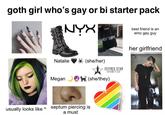 goth girl who's gay or bi starter pack NYX best friend is an emo gay guy HOT TOPI 门: her girlfriend Natalie (she/her) JEFFREE STAR TOSMETICS Megan OH (she/they) usually looks like ^ septum piercing is a must