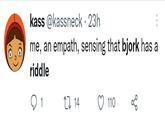 kass @kassneck · 23h me, an empath, sensing that bjork has a riddle 1 27 14 110