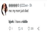 @@@@@☆ @222xen · 5h me: my mom just died bjork: i have a riddle 1 27 12 255