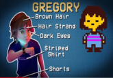 GREGORY Brown Hair Hair Strand Dark Eyes Striped Shirt Shorts