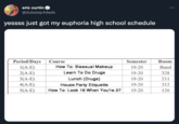 eric curtin ... @dubstep4dads yessss just got my euphoria high school schedule Period/Days Course Semester Room 1(A-E) How To: Bisexual Makeup 19-20 Band 2(A-E) Learn To Do Drugs 19-20 328 Lunch (Drugs) 3(А-E) 4(А-E) 5(А-E) 19-20 211 House Party Etiquette 19-20 312 How To: Look 18 When You're 27 19-20 126