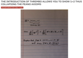 THE INTRODUCTION OF THREMBO ALLOWS YOU TO SHOW 1=2 THUS COLLAPSING THE PEANO AXIOMS MISINFORMATION (Bad math) A: 1+/+l... + | Thrembo 1's Thus %3D Implies that 2g* |+l+I...+ | = X and Since 20=(2=1,