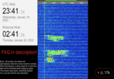 UTC time 23:41 34 Wednesday, January 19, 2022 Moscow time 02:41 34 Thursday, January 20, 2022 FAQ in description! @AICBOY Every ~30 minutes, the stream will automatically reload the remote receiver's website. When that happens, it will go black for a short time, after that the waterfall starts building up again. If the stream stays black, something crashed. If so, just wait until the next autoreload. 8 176
