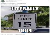 Image prediction: street sign neural net guesses memes ... @ResNeXtGuesser Image prediction: street sign Confidence: 87.51% LITERALLY PÉE LIMIT 15 1984 8:30 PM · Jan 1, 2022 · ImageGuesserBot